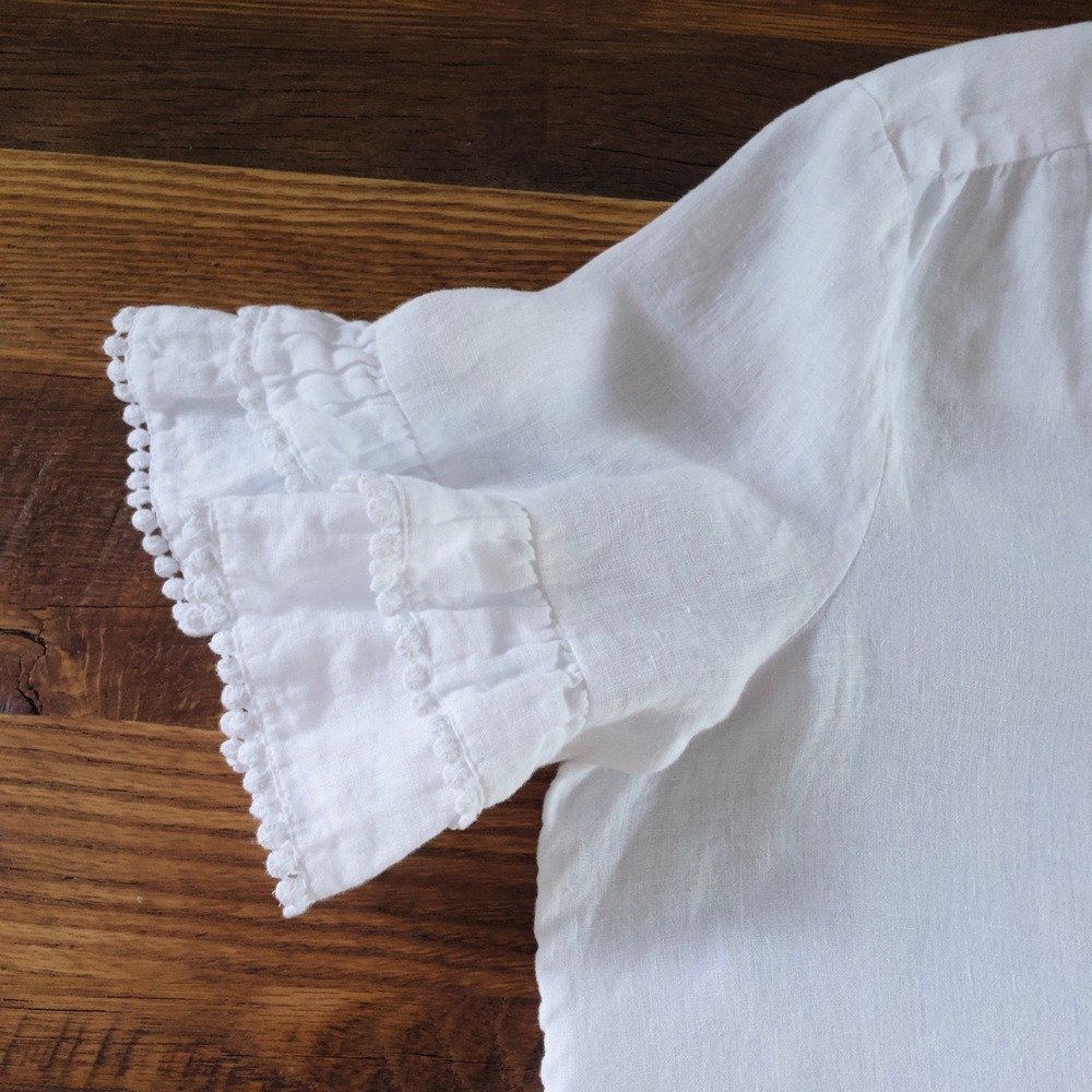 Chico's Ruffle Sleeve White 100% Linen Blouse Pom Pom Trim Women's 18 Lagenlook - Picture 3 of 7